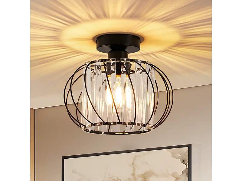 NETTLIFE Plafonnier Plafonnier moderne en cristal : Lampe de couloir noire E27 Lampe de cuisine vintage avec cadre en métal à l'intérieur