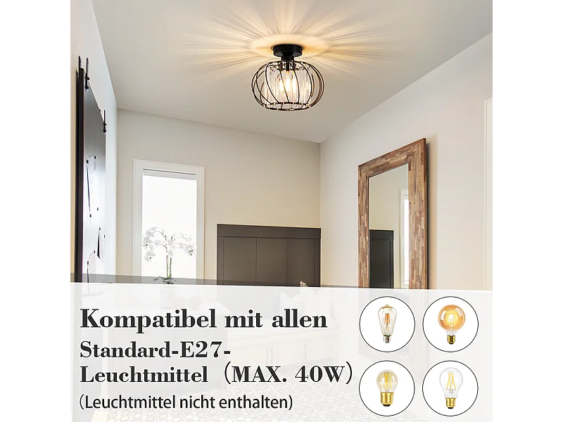NETTLIFE Plafonnier Plafonnier moderne en cristal : Lampe de couloir noire E27 Lampe de cuisine vintage avec cadre en métal à l'intérieur