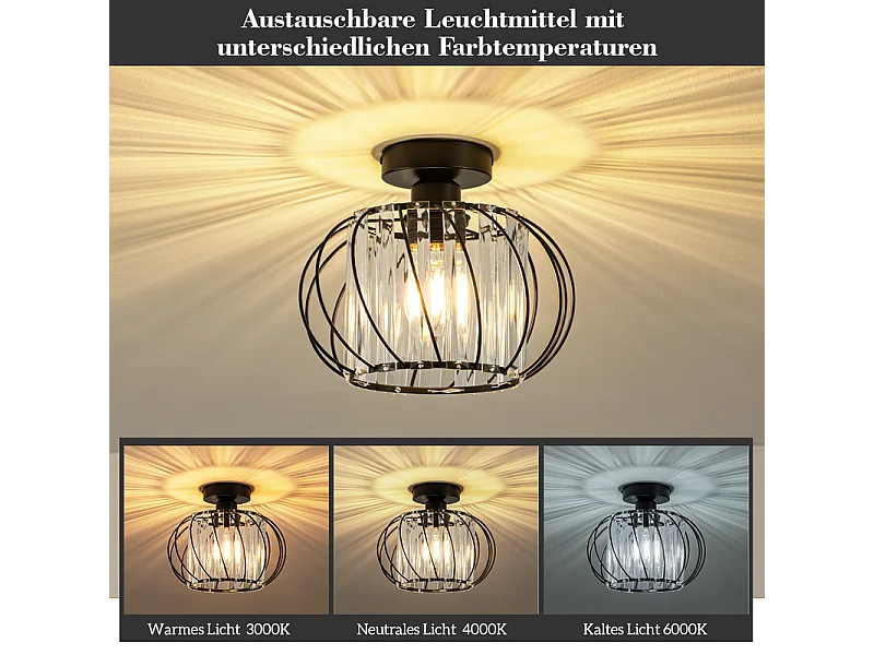 NETTLIFE Plafonnier Plafonnier moderne en cristal : Lampe de couloir noire E27 Lampe de cuisine vintage avec cadre en métal à l'intérieur