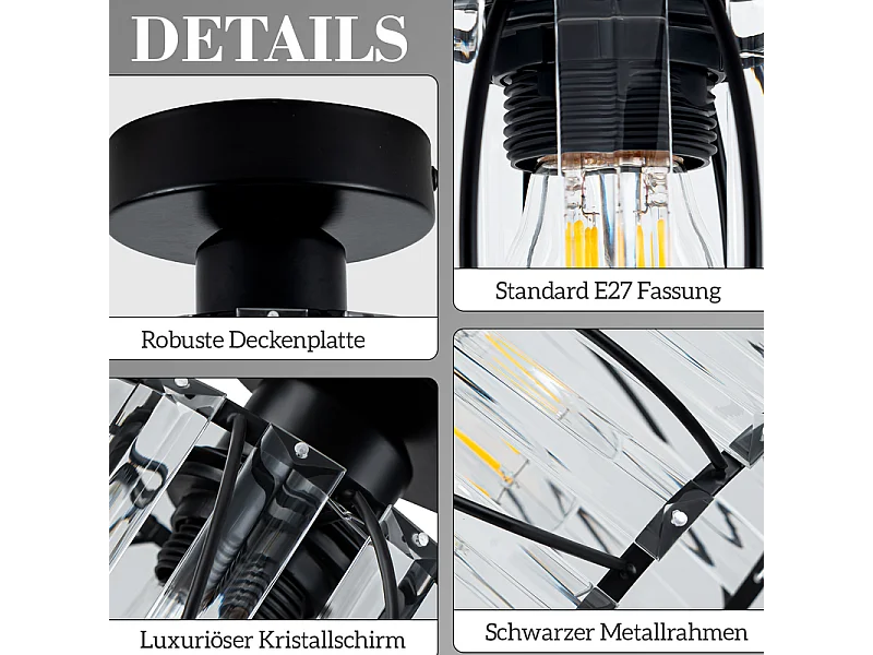 NETTLIFE Plafonnier Plafonnier moderne en cristal : Lampe de couloir noire E27 Lampe de cuisine vintage avec cadre en métal à l'intérieur