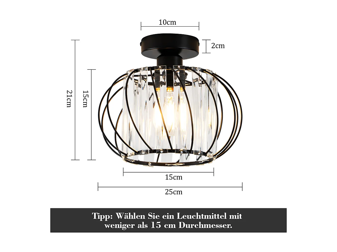 NETTLIFE Plafonnier Plafonnier moderne en cristal : Lampe de couloir noire E27 Lampe de cuisine vintage avec cadre en métal à l'intérieur