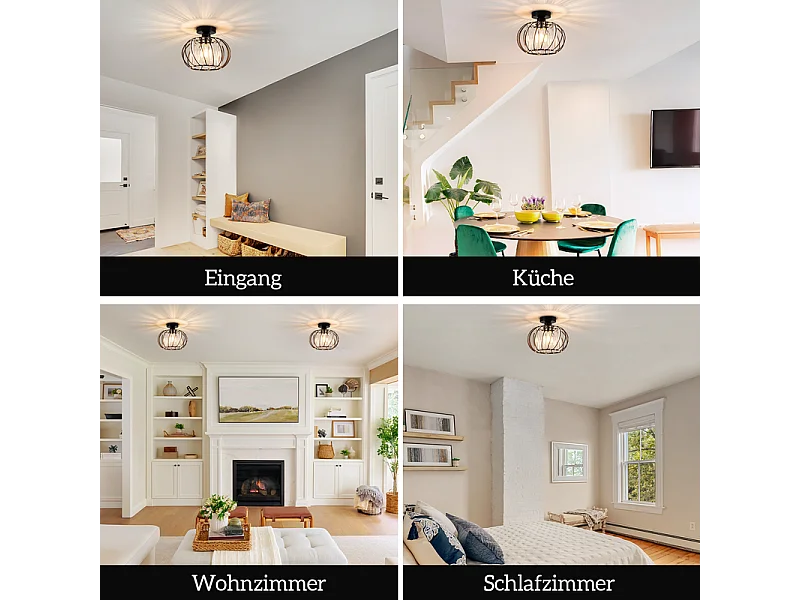 NETTLIFE Plafonnier Plafonnier moderne en cristal : Lampe de couloir noire E27 Lampe de cuisine vintage avec cadre en métal à l'intérieur