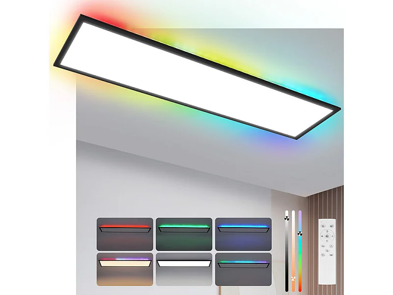 Panneau LED NETTLIFE 100 x 25 cm, intensité variable, rétroéclairage RVB, couleur changeante, plafonnier plat avec télécommande noire 24 W
