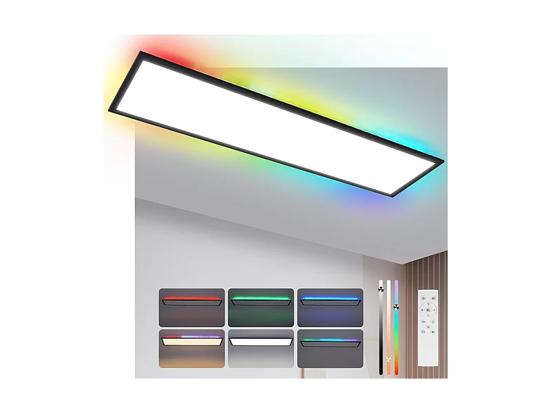 Panneau LED NETTLIFE 100 x 25 cm, intensité variable, rétroéclairage RVB, couleur changeante, plafonnier plat avec télécommande noire 24 W