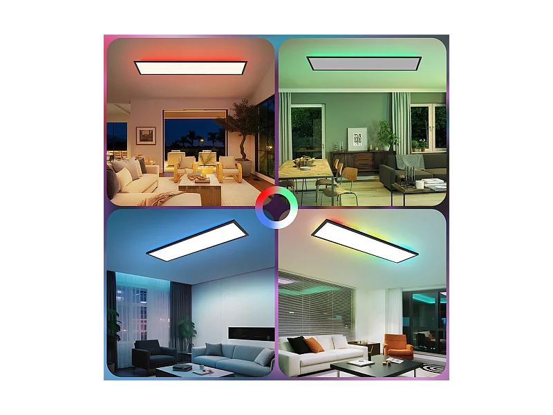 Panneau LED NETTLIFE 100 x 25 cm, intensité variable, rétroéclairage RVB, couleur changeante, plafonnier plat avec télécommande noire 24 W