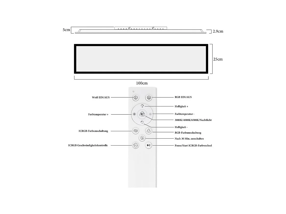 Panneau LED NETTLIFE 100 x 25 cm, intensité variable, rétroéclairage RVB, couleur changeante, plafonnier plat avec télécommande noire 24 W
