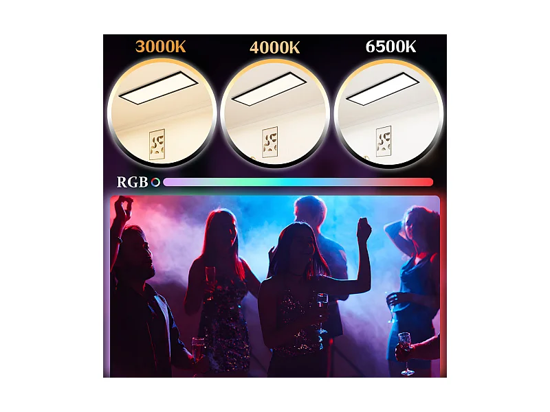 Panneau LED NETTLIFE 100 x 25 cm, intensité variable, rétroéclairage RVB, couleur changeante, plafonnier plat avec télécommande noire 24 W