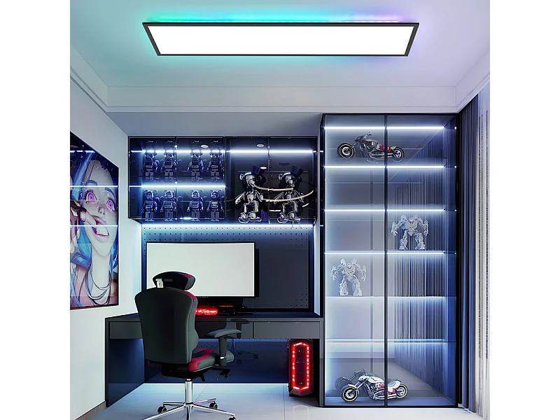 Panneau LED NETTLIFE 100 x 25 cm, intensité variable, rétroéclairage RVB, couleur changeante, plafonnier plat avec télécommande noire 24 W