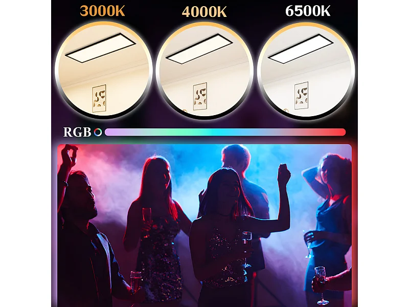Panneau LED NETTLIFE 100 x 25 cm, intensité variable, rétroéclairage RVB, couleur changeante, plafonnier plat avec télécommande noire 24 W