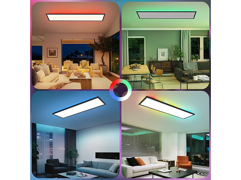 Panneau LED NETTLIFE 100 x 25 cm, intensité variable, rétroéclairage RVB, couleur changeante, plafonnier plat avec télécommande noire 24 W