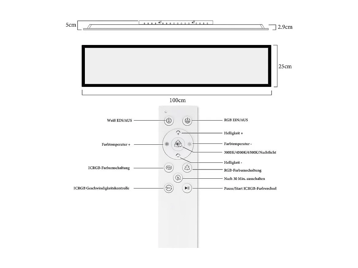 Panneau LED NETTLIFE 100 x 25 cm, intensité variable, rétroéclairage RVB, couleur changeante, plafonnier plat avec télécommande noire 24 W