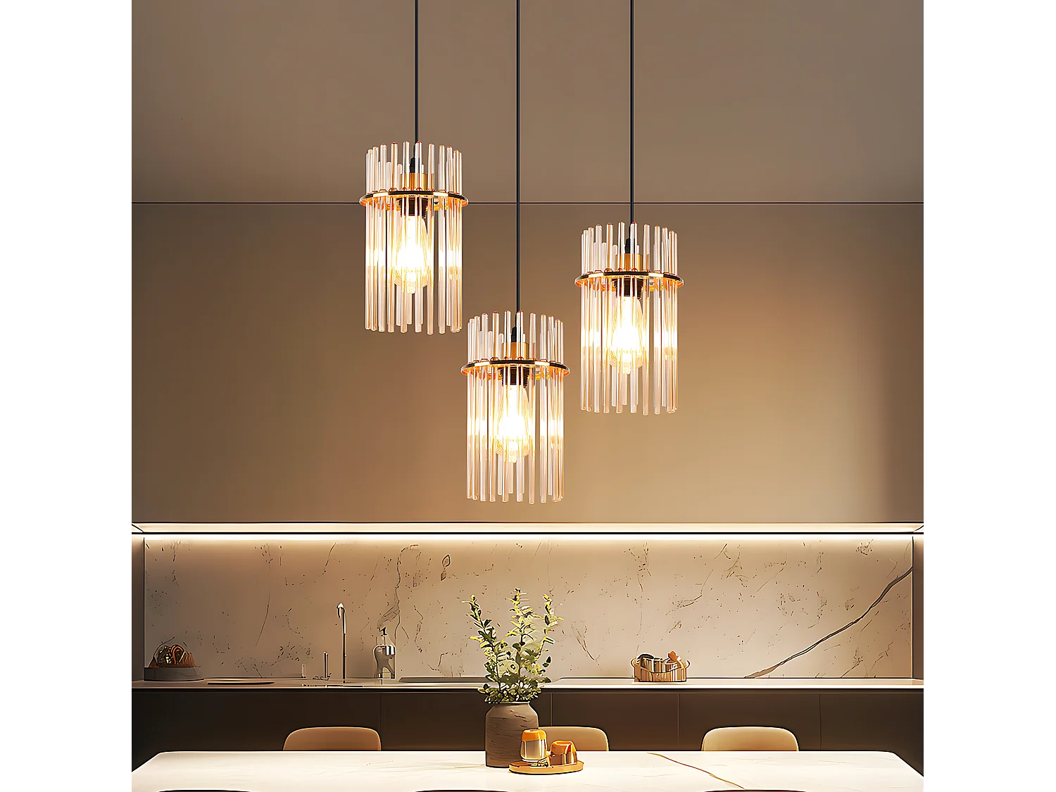 Nettlife Suspension à 3 ampoules pour table à manger – Lampe suspendue ronde en verre E27 dorée, diamètre 16 cm, pour salle à manger (Sans ampoule)