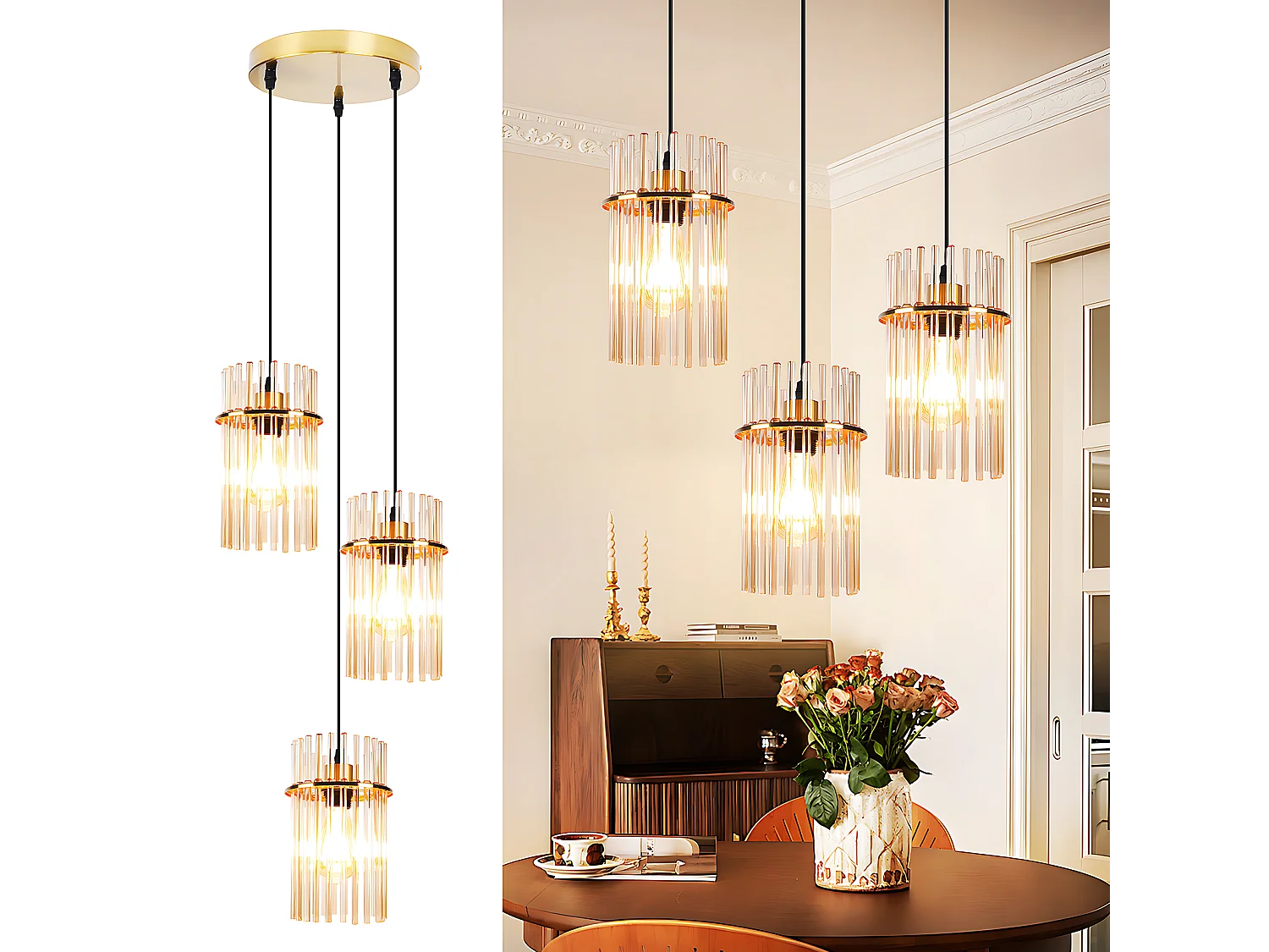 Nettlife Suspension à 3 ampoules pour table à manger – Lampe suspendue ronde en verre E27 dorée, diamètre 16 cm, pour salle à manger (Sans ampoule)