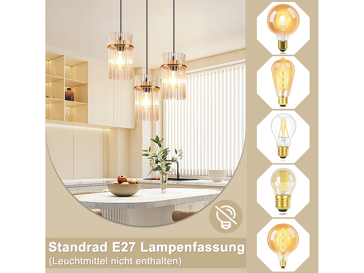 Nettlife Suspension à 3 ampoules pour table à manger – Lampe suspendue ronde en verre E27 dorée, diamètre 16 cm, pour salle à manger (Sans ampoule)