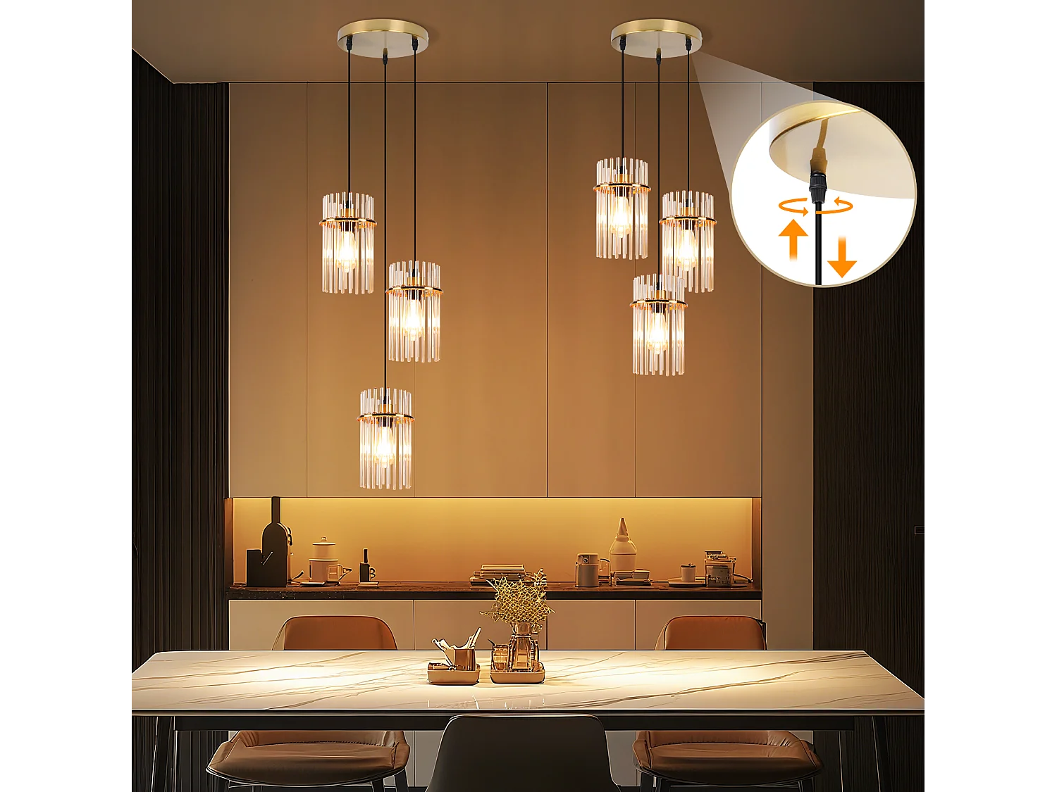 Nettlife Suspension à 3 ampoules pour table à manger – Lampe suspendue ronde en verre E27 dorée, diamètre 16 cm, pour salle à manger (Sans ampoule)