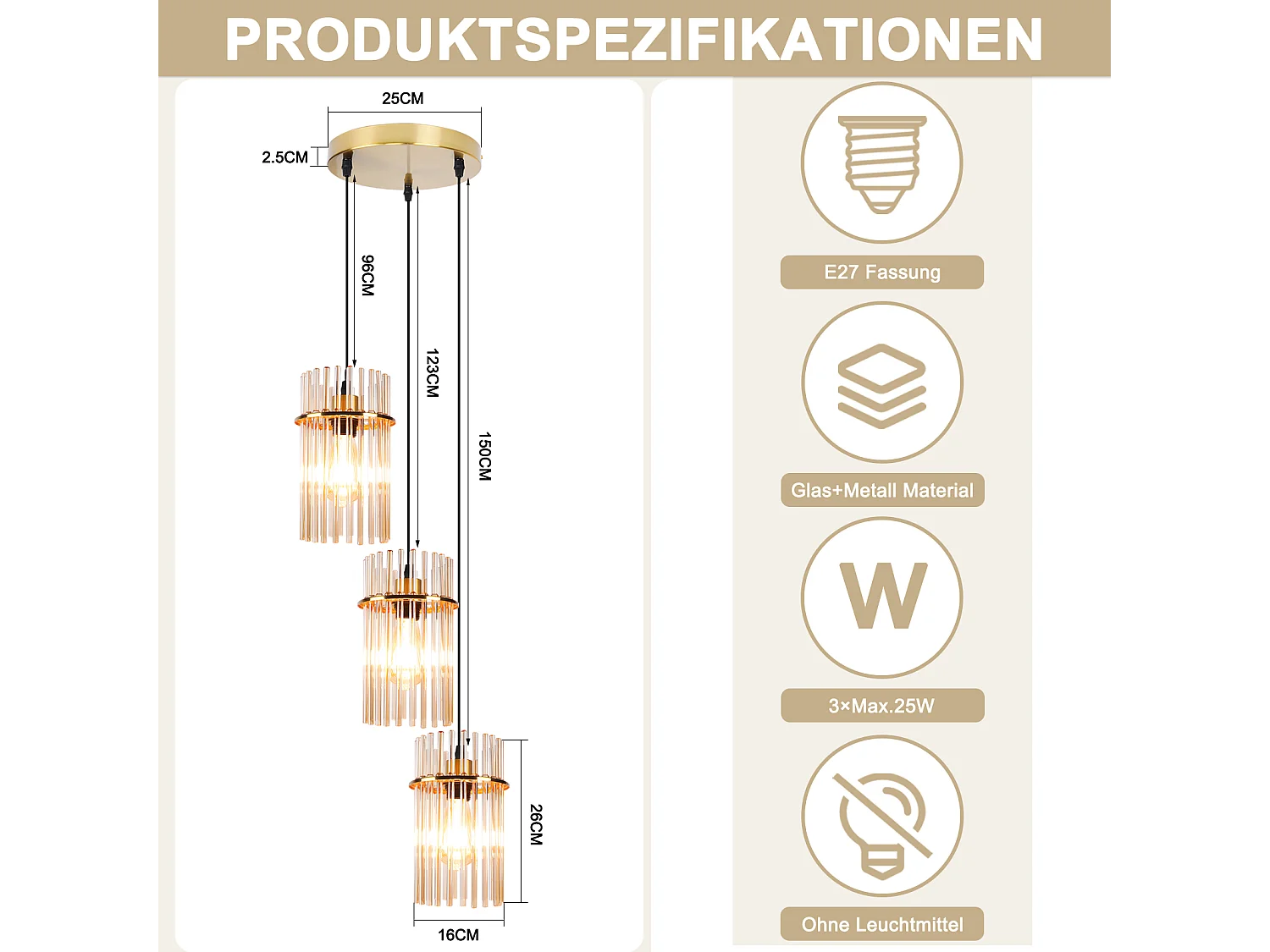 Lampa wisząca Nettlife z trzema źródłami światła do jadalni – okrągła szklana lampa wisząca z gniazdem E27, 16 cm (żarówki nie są dołączone)
