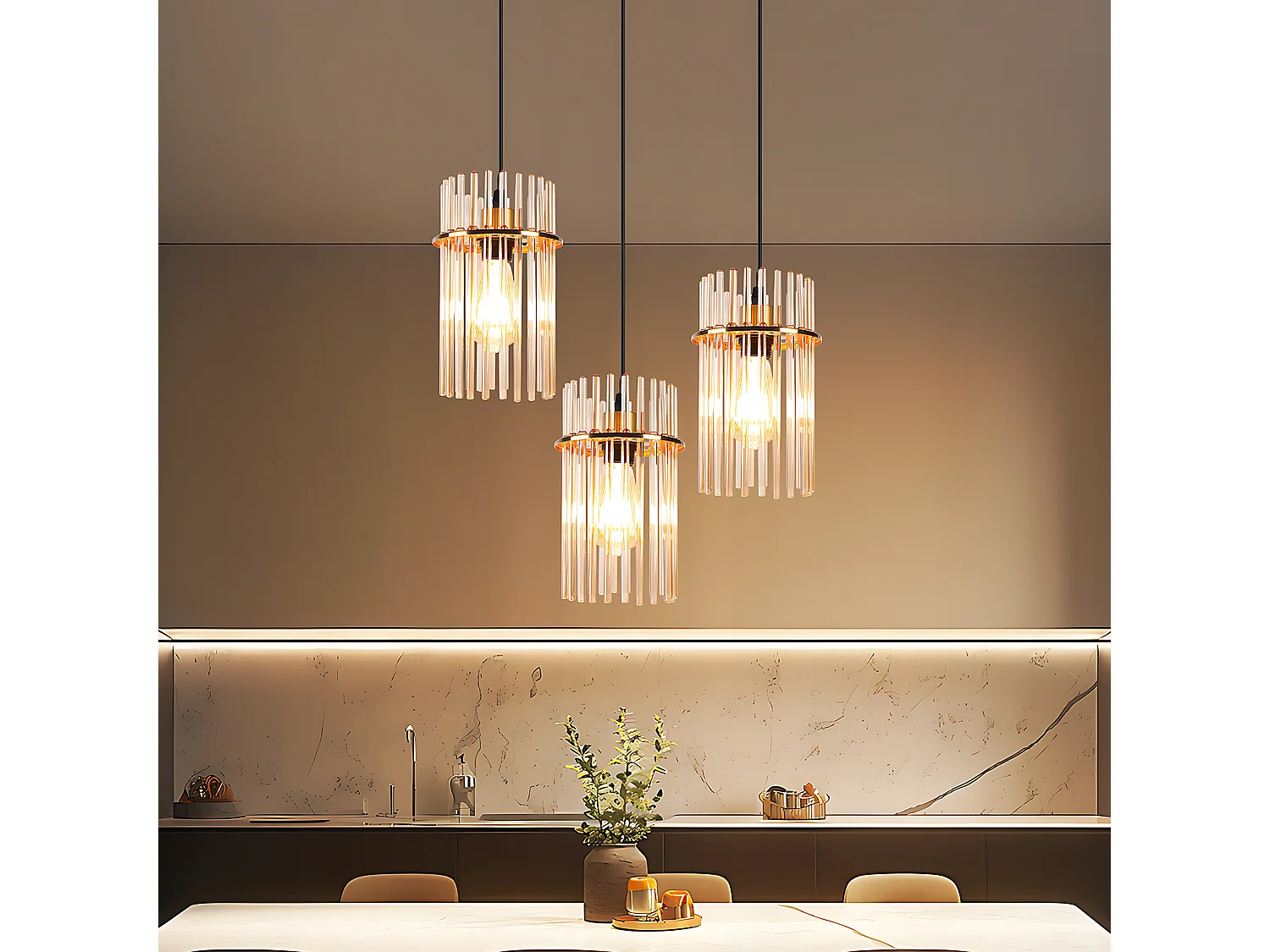 Nettlife 3-lichts hanglamp voor de eettafel – Ronde hanglamp van goudkleurig glas met E27-fitting, 16 cm (lamp niet inbegrepen)