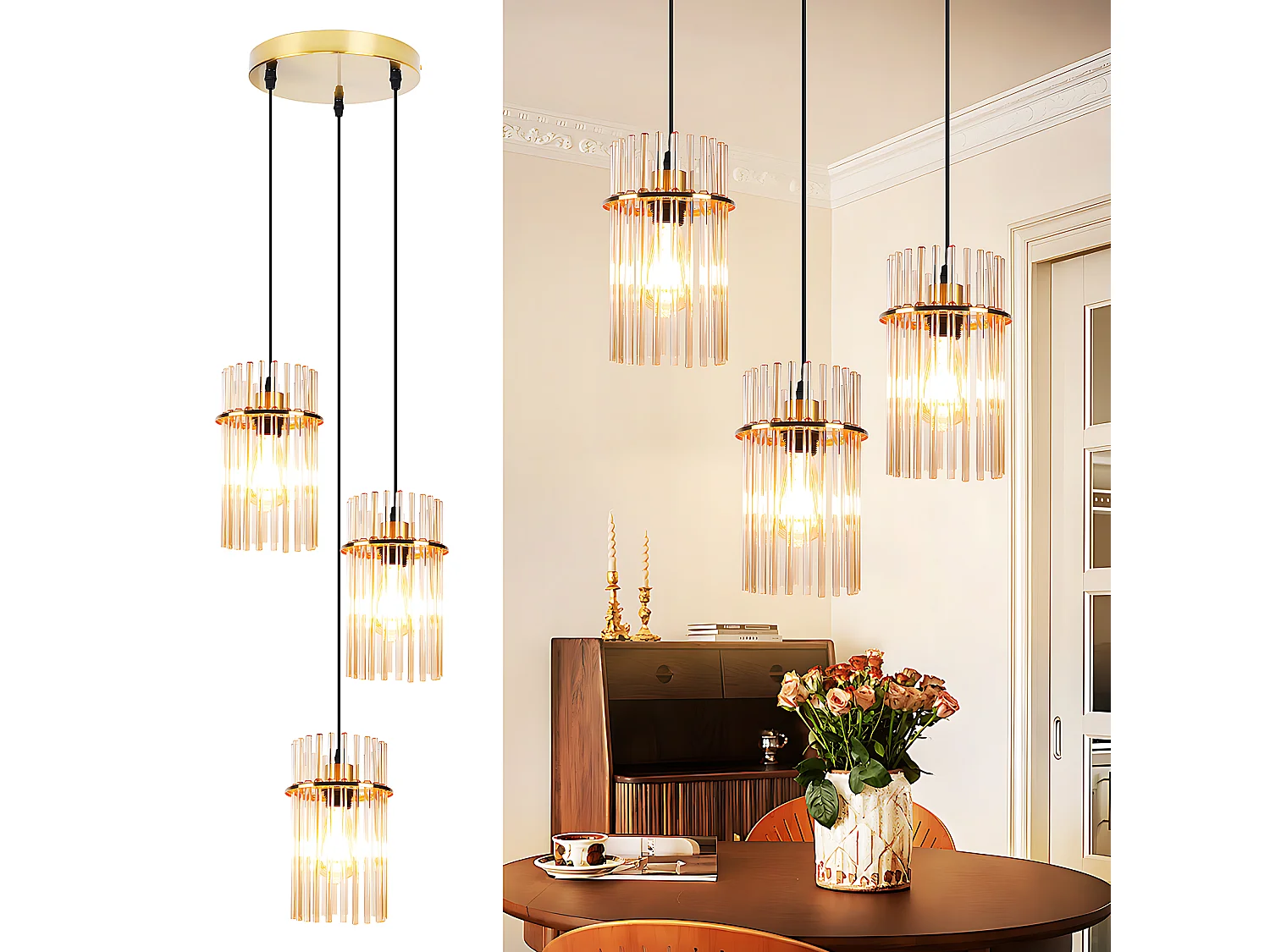 Nettlife 3-lichts hanglamp voor de eettafel – Ronde hanglamp van goudkleurig glas met E27-fitting, 16 cm (lamp niet inbegrepen)