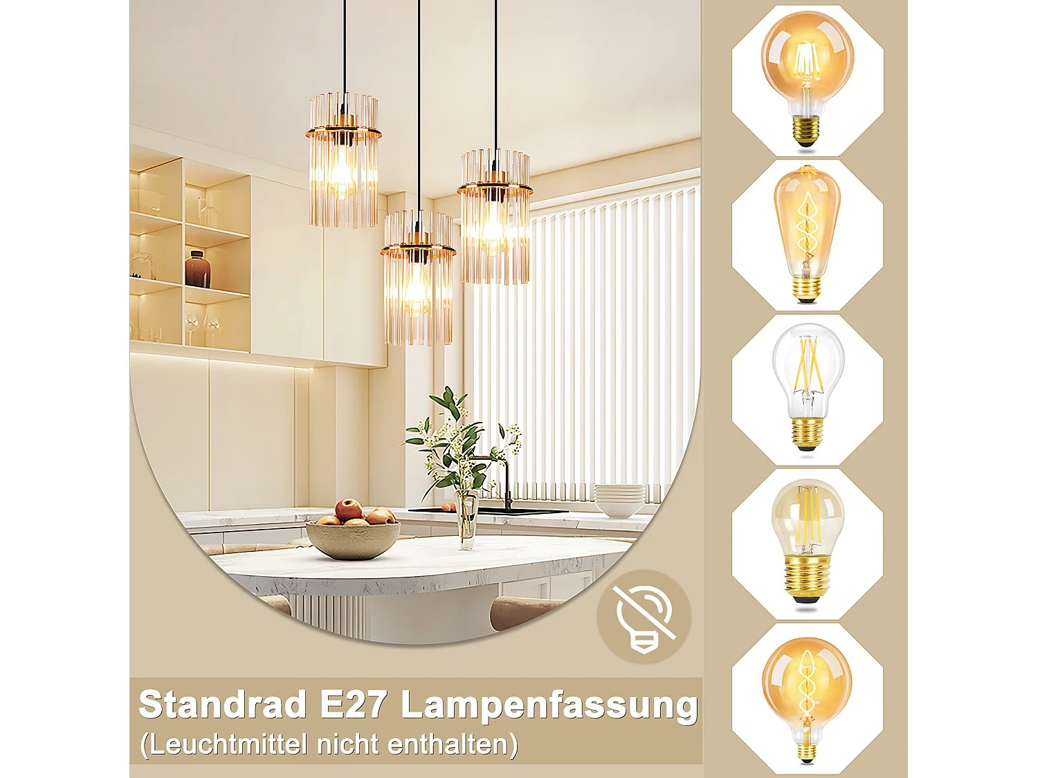 Nettlife 3-lichts hanglamp voor de eettafel – Ronde hanglamp van goudkleurig glas met E27-fitting, 16 cm (lamp niet inbegrepen)