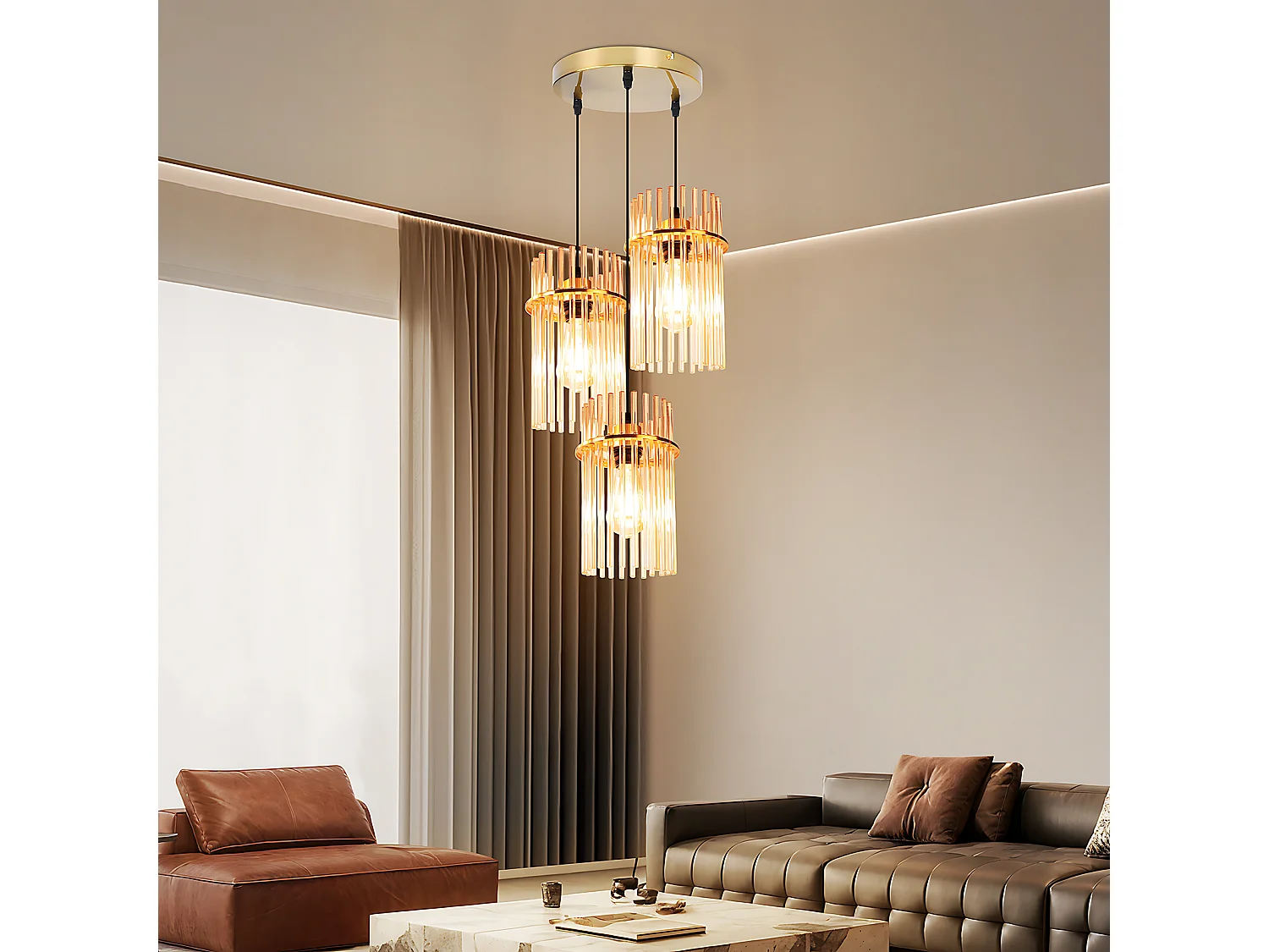 Nettlife 3-lichts hanglamp voor de eettafel – Ronde hanglamp van goudkleurig glas met E27-fitting, 16 cm (lamp niet inbegrepen)