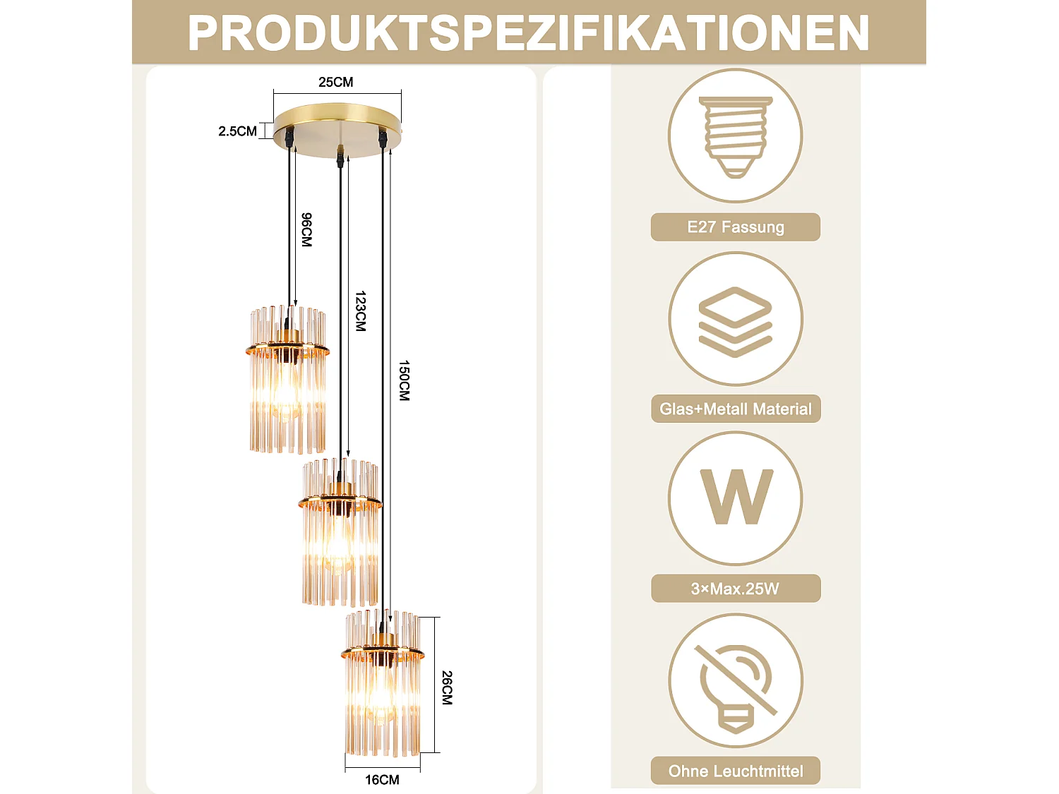 Nettlife 3-lichts hanglamp voor de eettafel – Ronde hanglamp van goudkleurig glas met E27-fitting, 16 cm (lamp niet inbegrepen)