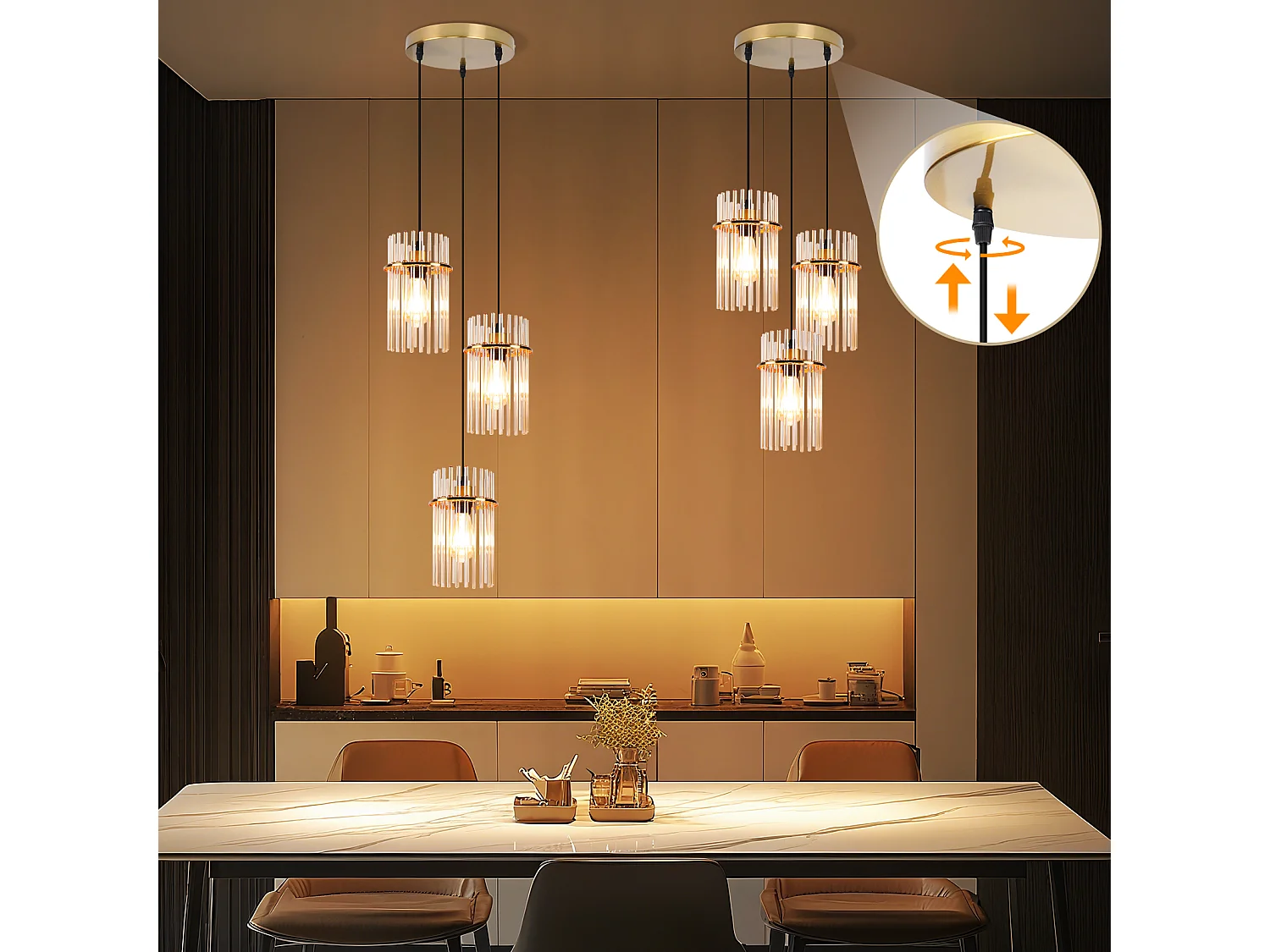 Nettlife 3-lichts hanglamp voor de eettafel – Ronde hanglamp van goudkleurig glas met E27-fitting, 16 cm (lamp niet inbegrepen)
