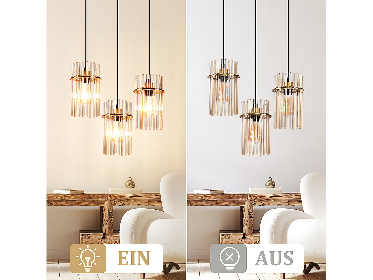 Nettlife 3-lichts hanglamp voor de eettafel – Ronde hanglamp van goudkleurig glas met E27-fitting, 16 cm (lamp niet inbegrepen)
