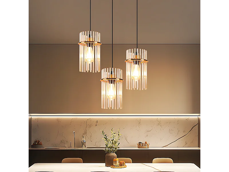 Nettlife Suspension à 3 ampoules pour table à manger – Lampe suspendue ronde en verre E27 dorée, diamètre 16 cm, pour salle à manger (Sans ampoule)