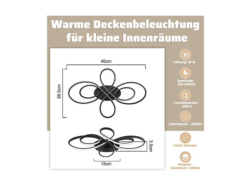 NETTLIFE Plafonnier chambre LED plafonnier salon : 30W lampe de salon noir 40cm 3000K