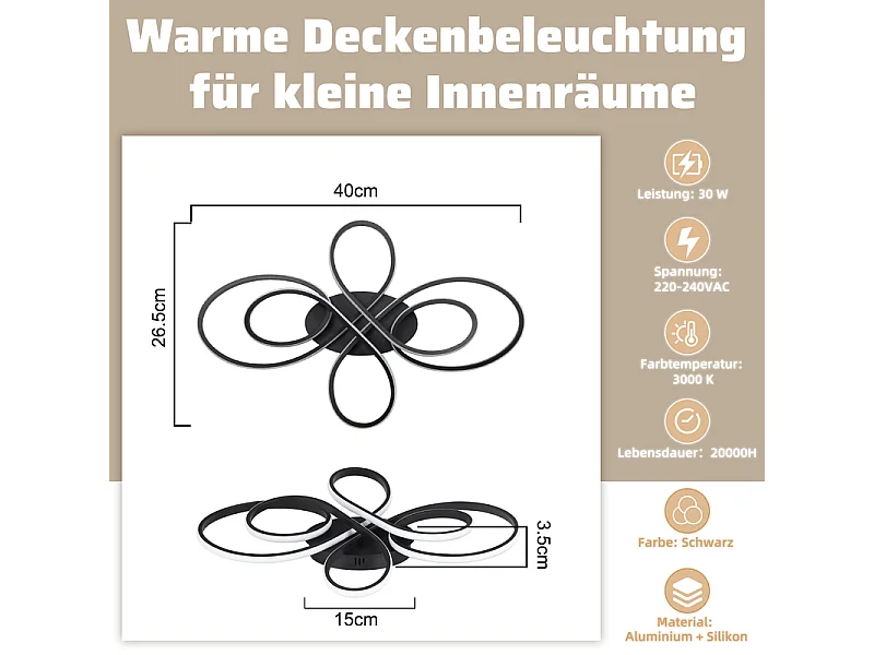 NETTLIFE Plafonnier chambre LED plafonnier salon : 30W lampe de salon noir 40cm 3000K