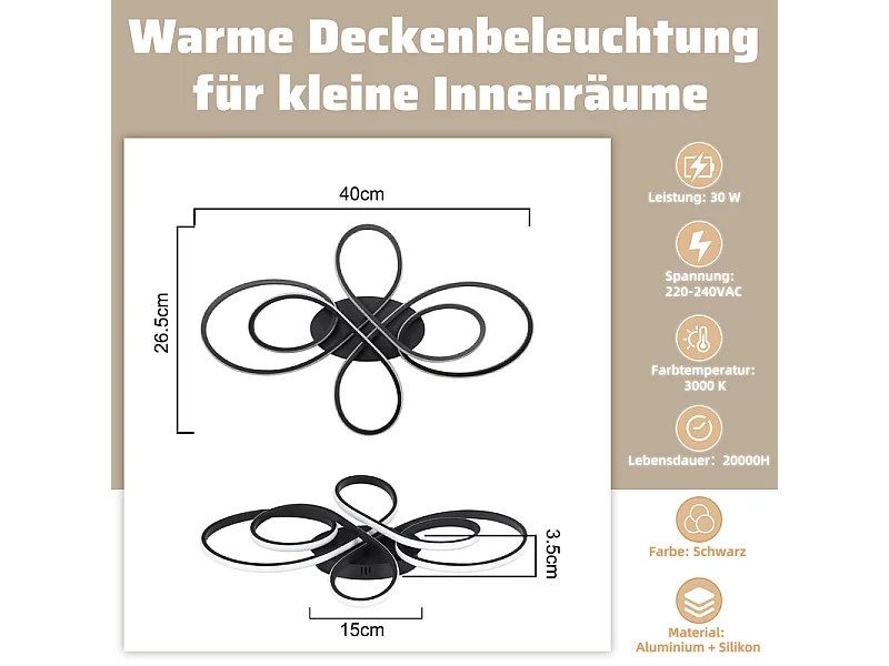 NETTLIFE Plafonnier chambre LED plafonnier salon : 30W lampe de salon noir 40cm 3000K