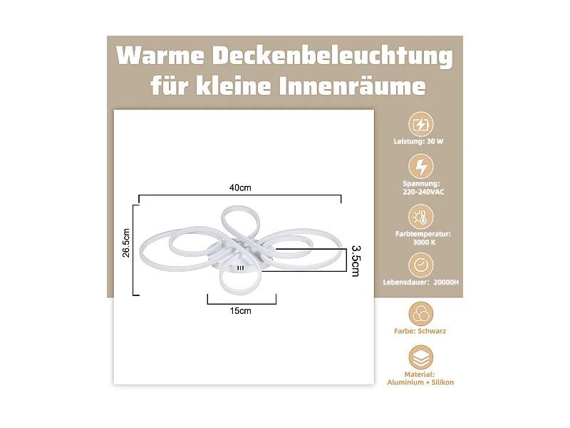 NETTLIFE Plafonnier LED plafonnier salon : 30W 40cm lampe cuisine plafonnier en blanc 3000K