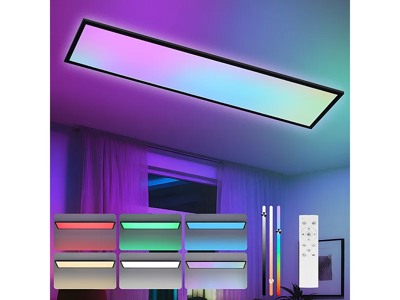 Panneau LED NETTLIFE 120 x 30 cm, intensité variable, long panneau de plafond RVB à changement de couleur avec télécommande 39 W, noir