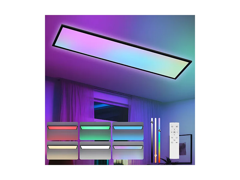 Panneau LED NETTLIFE 120 x 30 cm, intensité variable, long panneau de plafond RVB à changement de couleur avec télécommande 39 W, noir