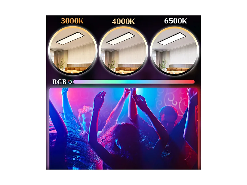 Panneau LED NETTLIFE 120 x 30 cm, intensité variable, long panneau de plafond RVB à changement de couleur avec télécommande 39 W, noir
