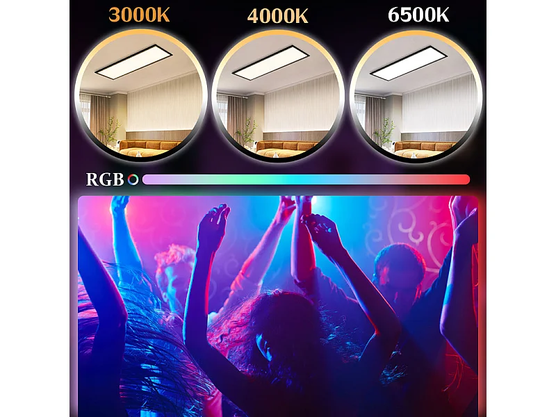 Panneau LED NETTLIFE 120 x 30 cm, intensité variable, long panneau de plafond RVB à changement de couleur avec télécommande 39 W, noir