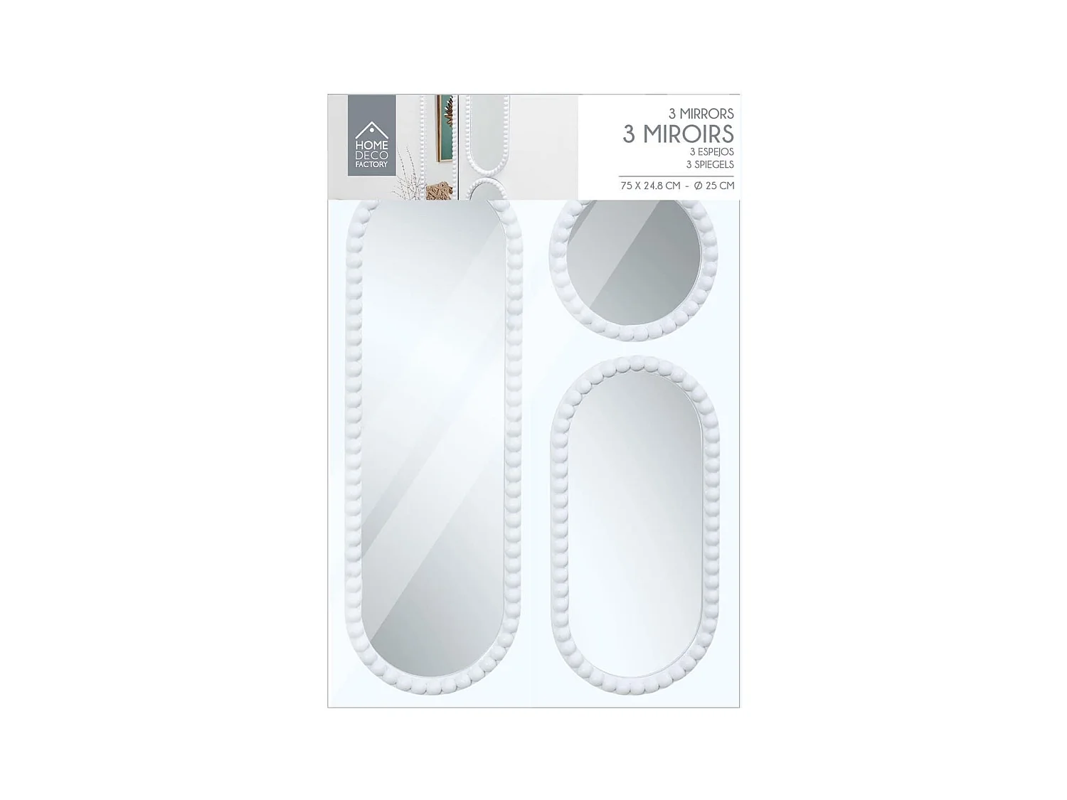 Lot de 3 Miroirs Blanc 75x25 cm / 50x25 cm / Ø25 cm - - TORIS
