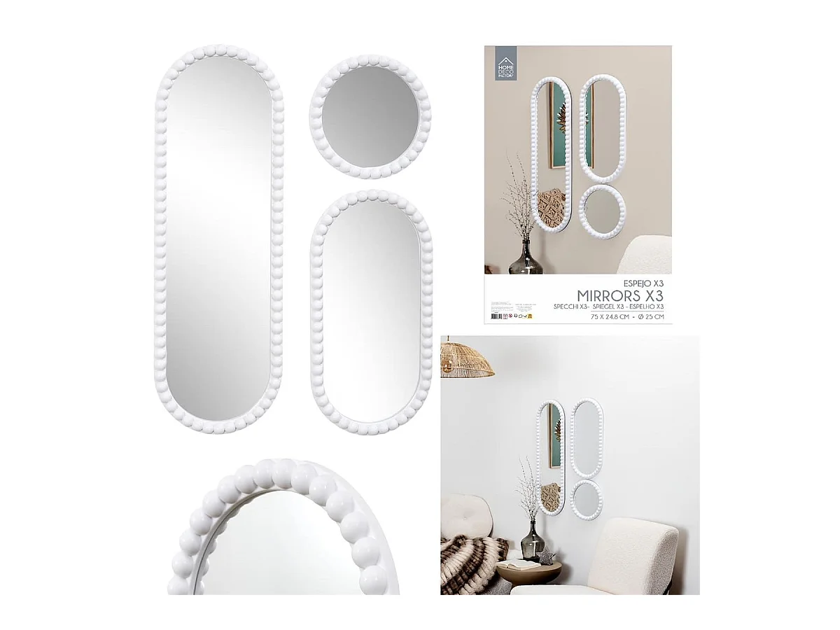 Lot de 3 Miroirs Blanc 75x25 cm / 50x25 cm / Ø25 cm - - TORIS