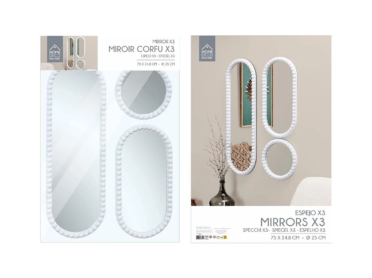 Lot de 3 Miroirs Blanc 75x25 cm / 50x25 cm / Ø25 cm - - TORIS