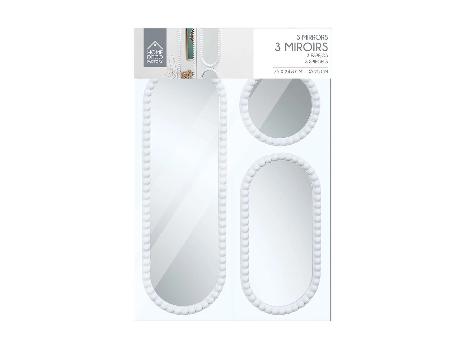 Lot de 3 Miroirs Blanc 75x25 cm / 50x25 cm / Ø25 cm - - TORIS