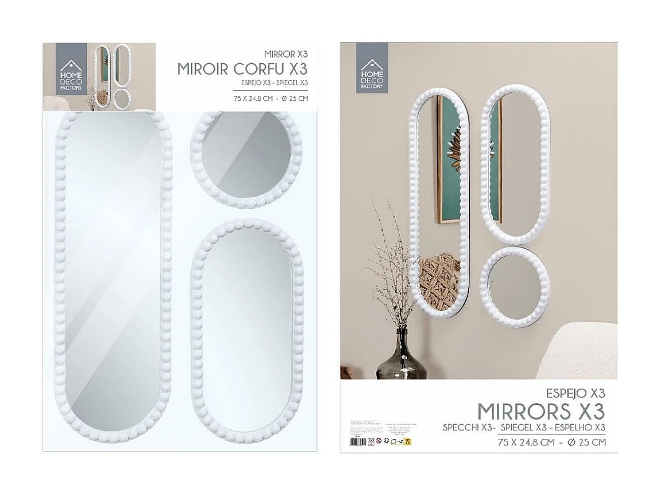 Lot de 3 Miroirs Blanc 75x25 cm / 50x25 cm / Ø25 cm - - TORIS