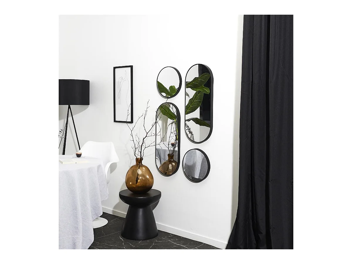 Ensemble de 4 Miroirs Déco Ronds et Ovale Noir - VILON