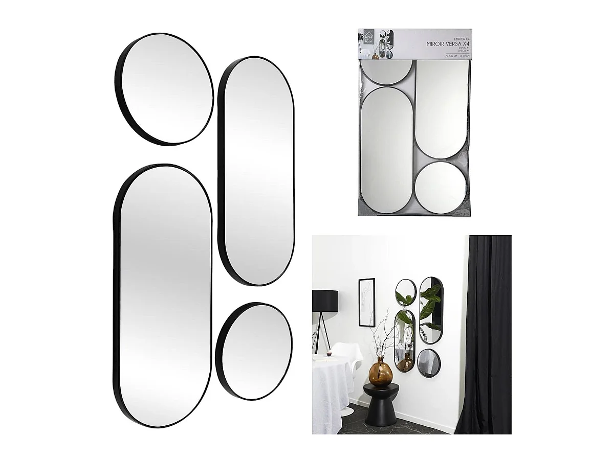 Ensemble de 4 Miroirs Déco Ronds et Ovale Noir - VILON