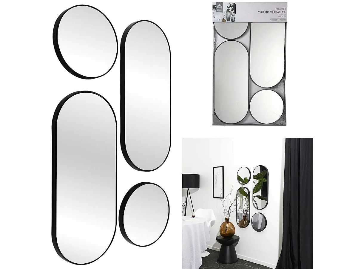 Ensemble de 4 Miroirs Déco Ronds et Ovale Noir - VILON