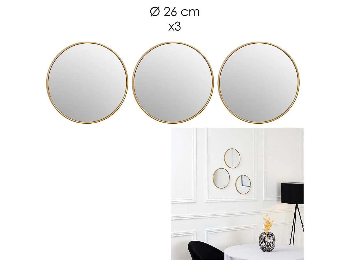 Lot de 3 Miroirs Doré Ø26cm - Miroirs Ronds avec Cadre Doré pour Décoration Murale - SILVA