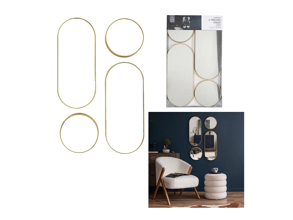 Lot de 4 Miroirs Muraux Décoratifs Rond et Ovale Versa Doré - IONIX