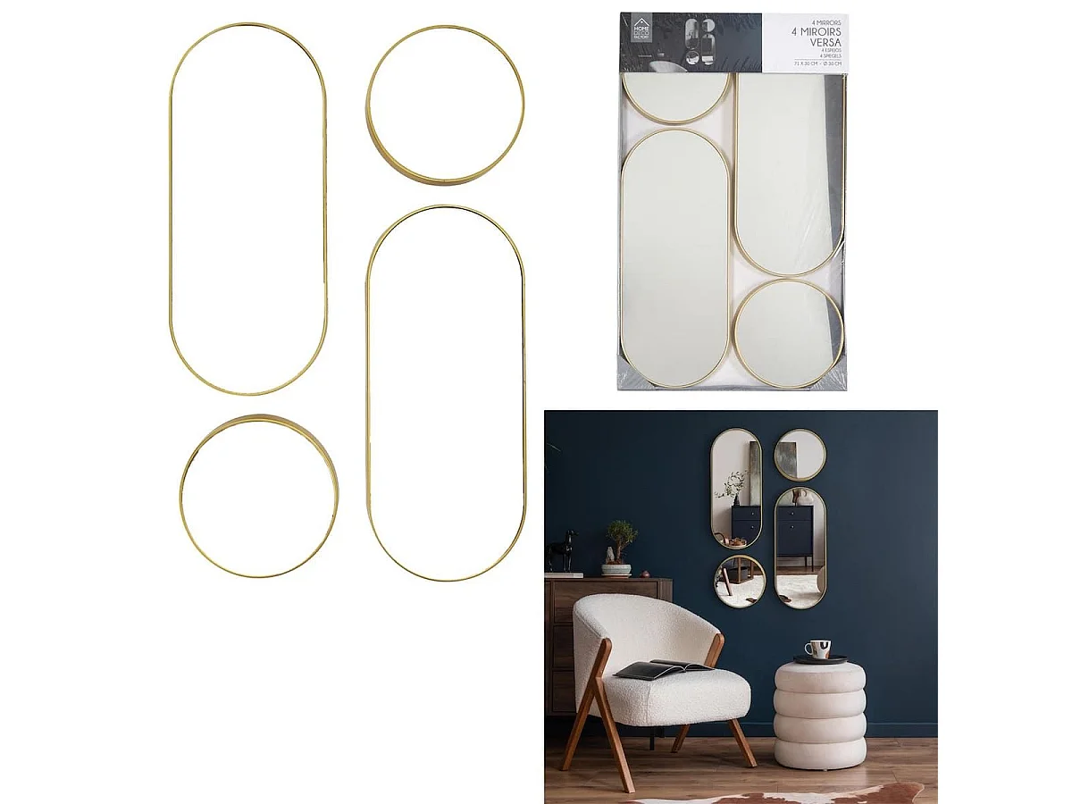 Lot de 4 Miroirs Muraux Décoratifs Rond et Ovale Versa Doré - IONIX