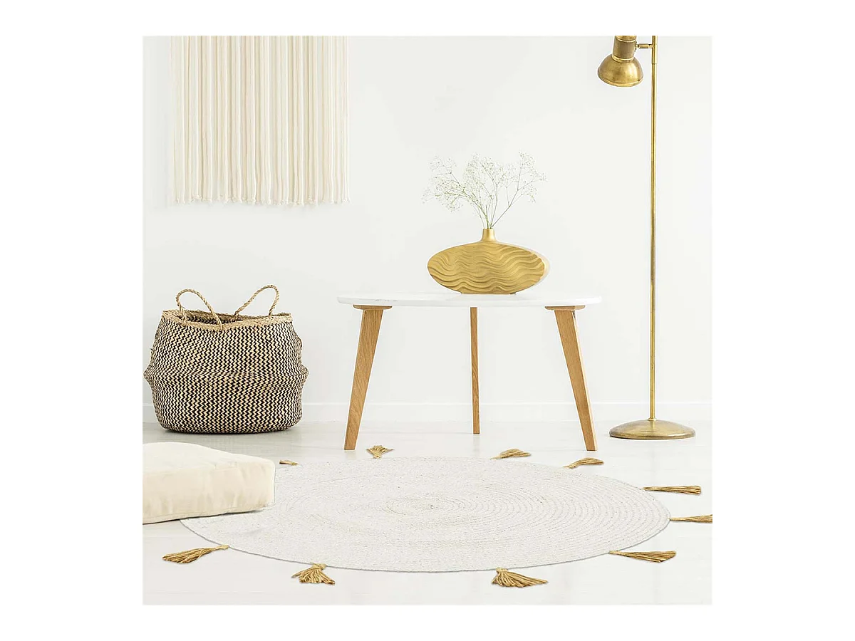 Tapis Rond Ø90cm 100% Blanc avec Pompons Beige - LIDOTY