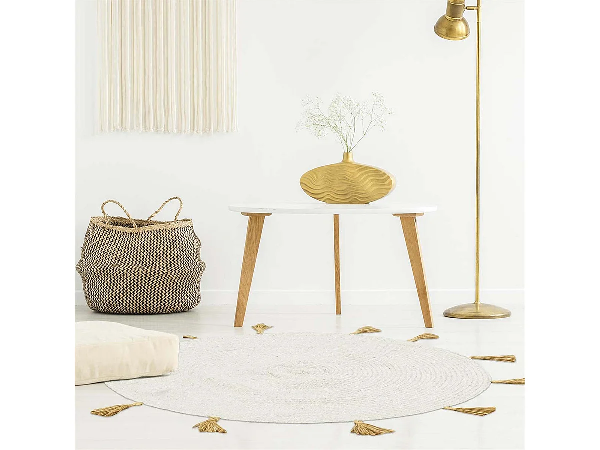 Tapis Rond Ø90cm 100% Blanc avec Pompons Beige - LIDOTY