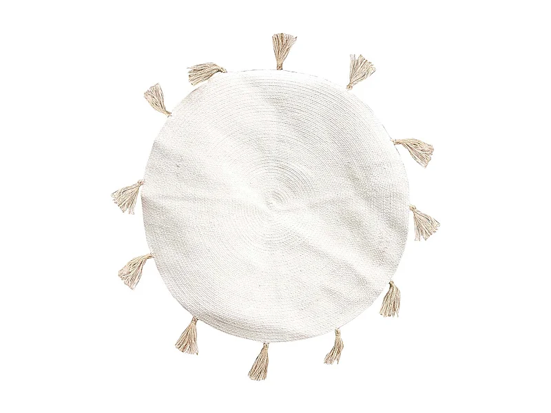 Tapis Rond Ø90cm 100% Blanc avec Pompons Beige - LIDOTY
